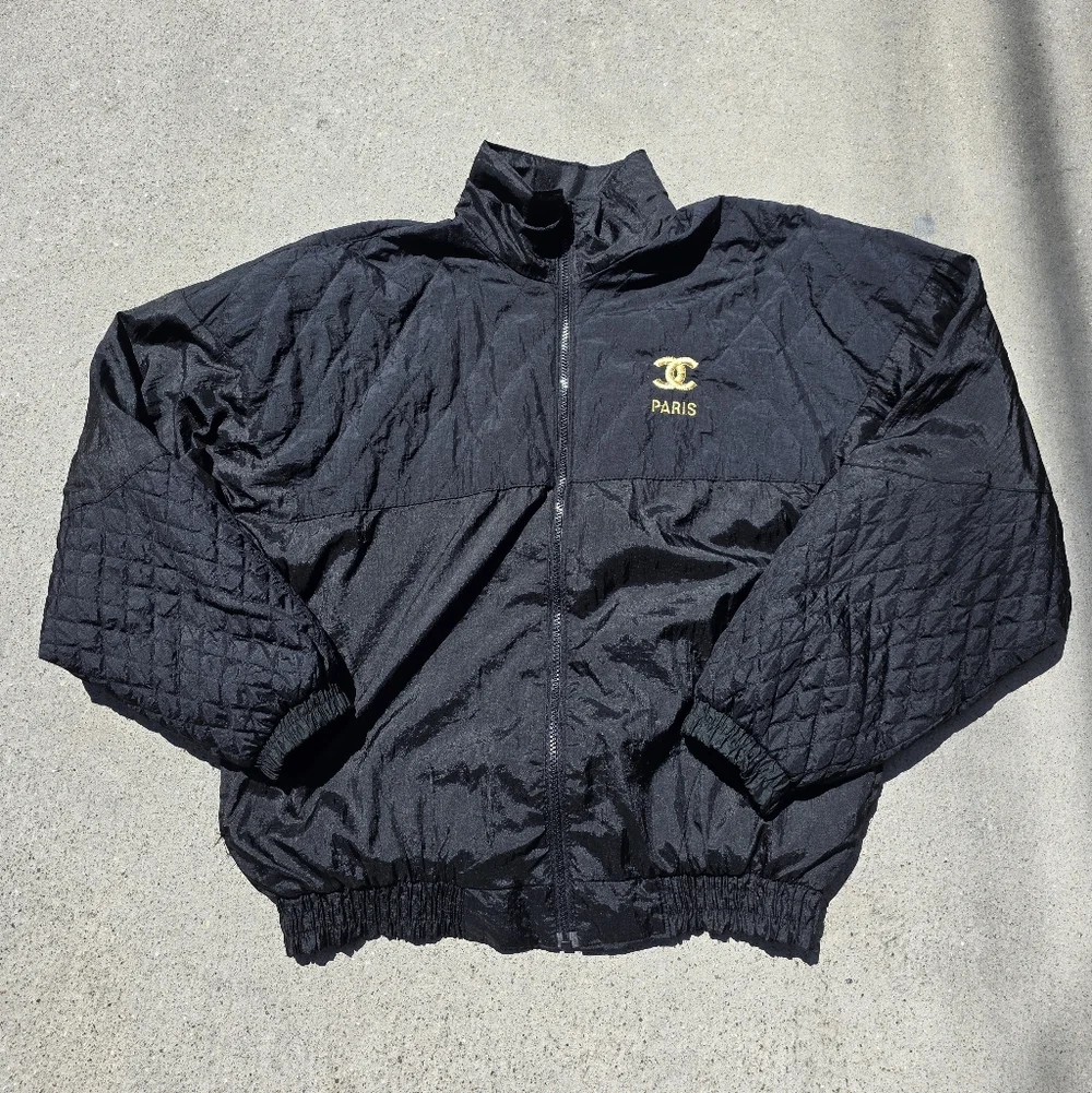 Vintage Black Bomber Jacket with Gold Logo **NOT Made By Chanel** - Picture 1 of 6